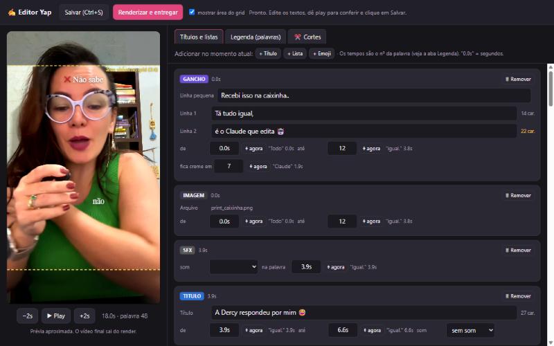 Editor Yap aberto no navegador: prévia do vídeo à esquerda e, à direita, os blocos de gancho, imagem, efeito sonoro e título com seus tempos
